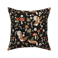 Autumn Foxes with Mushrooms and Toadstool on Midnight Black
