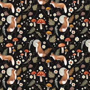 Autumn Foxes with Mushrooms and Toadstool on Midnight Black
