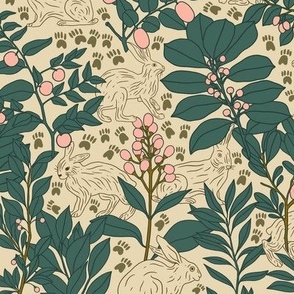 White Bunny Rabbits with Tracks and Pink Berries in the Forest | Large Version | Arts and Crafts Style Pattern of Woodland Animals on Cream