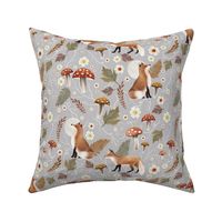 Autumn Foxes with Mushrooms and Toadstool on Silver Grey