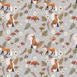 Autumn Foxes with Mushrooms and Toadstool on Silver Grey