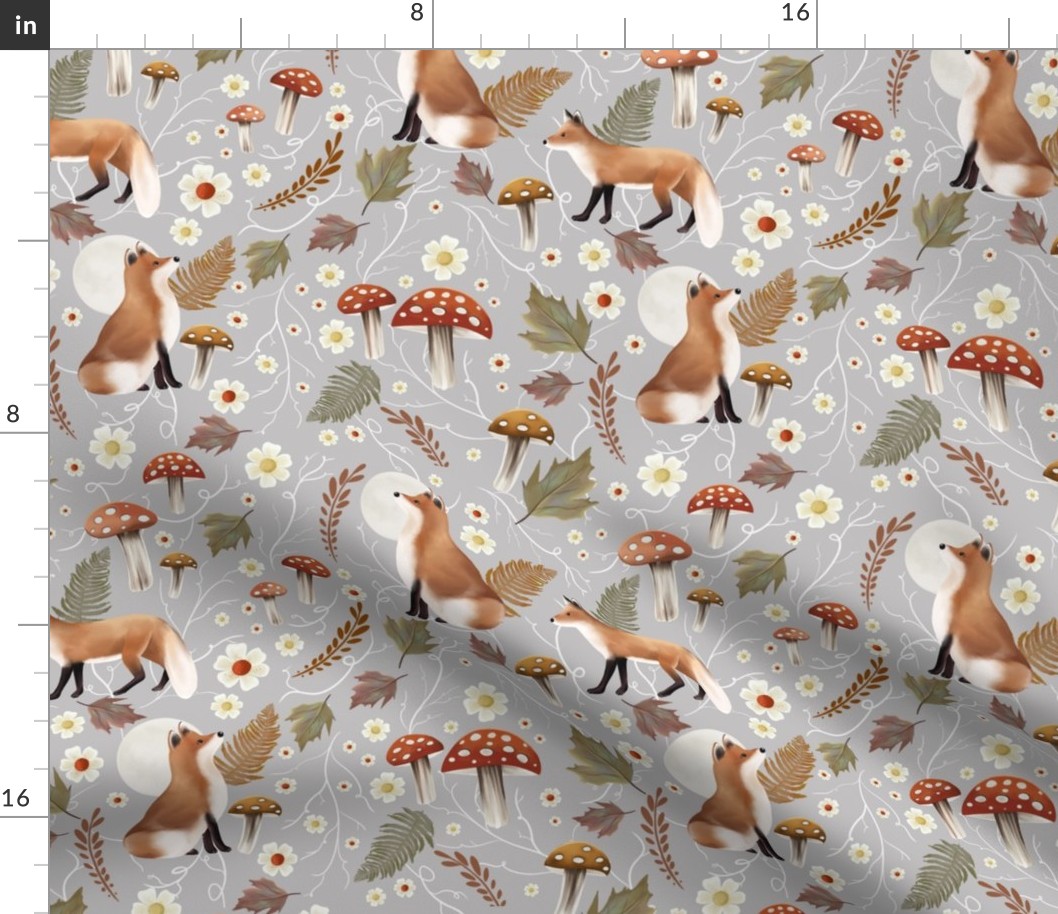 Autumn Foxes with Mushrooms and Toadstool on Silver Grey