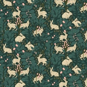 White Bunny Rabbits with Tracks and Pink Berries in the Green Forest | Small Version | Arts and Crafts Style Pattern of Woodland Animals on Emerald