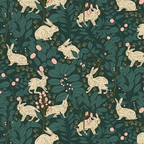 White Bunny Rabbits with Tracks and Pink Berries in the Green Forest | Medium Version | Arts and Crafts Style Pattern of Woodland Animals on Emerald