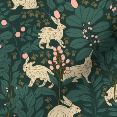White Bunny Rabbits with Tracks and Pink Berries in the Green Forest | Large Version | Arts and Crafts Style Pattern of Woodland Animals on Emerald