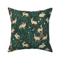 White Bunny Rabbits with Tracks and Pink Berries in the Green Forest | Large Version | Arts and Crafts Style Pattern of Woodland Animals on Emerald