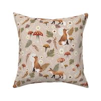 Autumn Foxes with Mushrooms and Toadstool on Beige