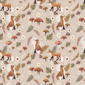 Autumn Foxes with Mushrooms and Toadstool on Beige