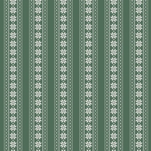 Green Christmas knitted sweater stripes white snowflakes in fair isle inspired design