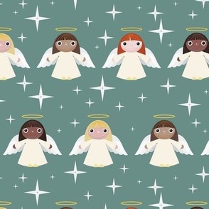 Midi - Cute Geometric Christmas Angels & Festive Stars - Sage Green
