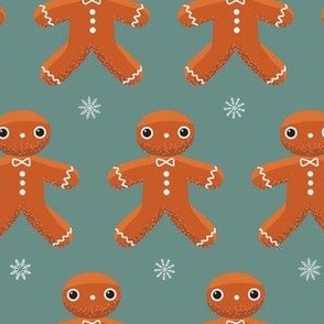 Midi - Cute Geometric Christmas Gingerbread Men & Festive Snowflakes - Sage Green