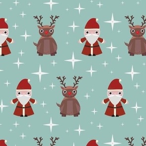 Midi - Cute Geometric Christmas Santa, Rudolph & Festive Stars - Soft Mint Green