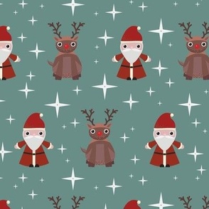 Midi - Cute Geometric Christmas Santa, Rudolph & Festive Stars - Sage Green