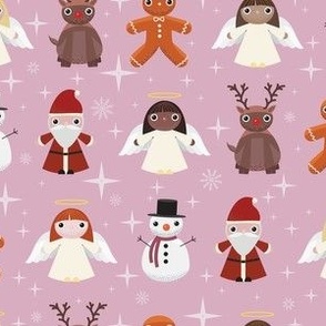 Midi - Cute Geometric Christmas Characters & Festive Stars - Blush Pink