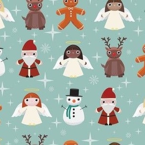 Midi - Cute Geometric Christmas Characters & Festive Stars - Soft Mint Green