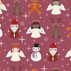 Midi - Cute Geometric Christmas Characters & Festive Stars - Claret Red