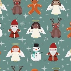 Midi - Cute Geometric Christmas Characters & Festive Stars - Sage Green