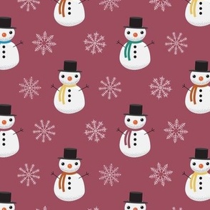 Midi - Cute Geometric Christmas Festive Snowmen & Snowflakes - Claret Red