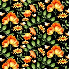 Orange and Yellow Lush Watercolour Flowers - Black Background - medium print