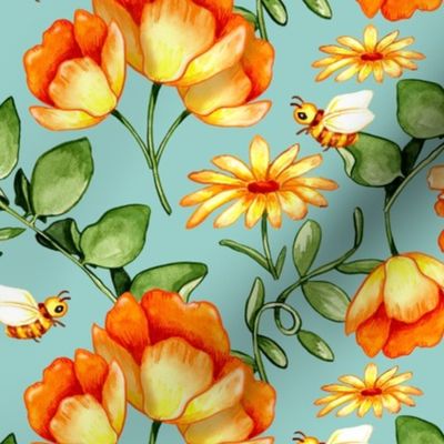 Orange and Yellow Lush Watercolour Flowers - Blue Background - Medium print