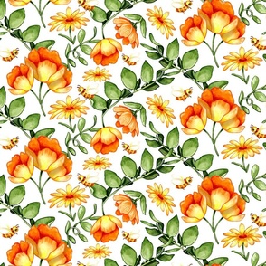 Lush Orange and Yellow Watercolour Flowers - Medium fabric print size