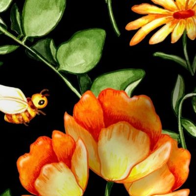 Large Print Orange and Yellow Lush Watercolour Flowers - Black Background