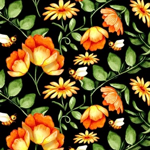 Large Print Orange and Yellow Lush Watercolour Flowers - Black Background