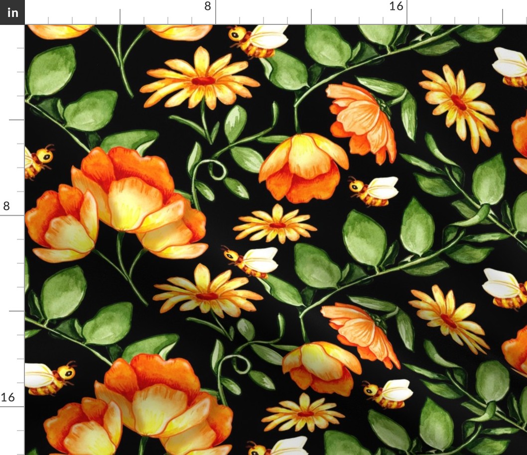 Large Print Orange and Yellow Lush Watercolour Flowers - Black Background