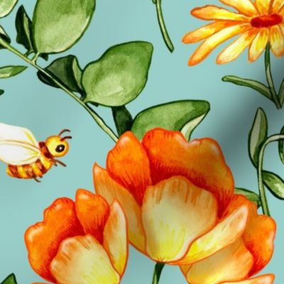 Large Print - Orange and Yellow Lush Watercolour Flowers - Blue Background