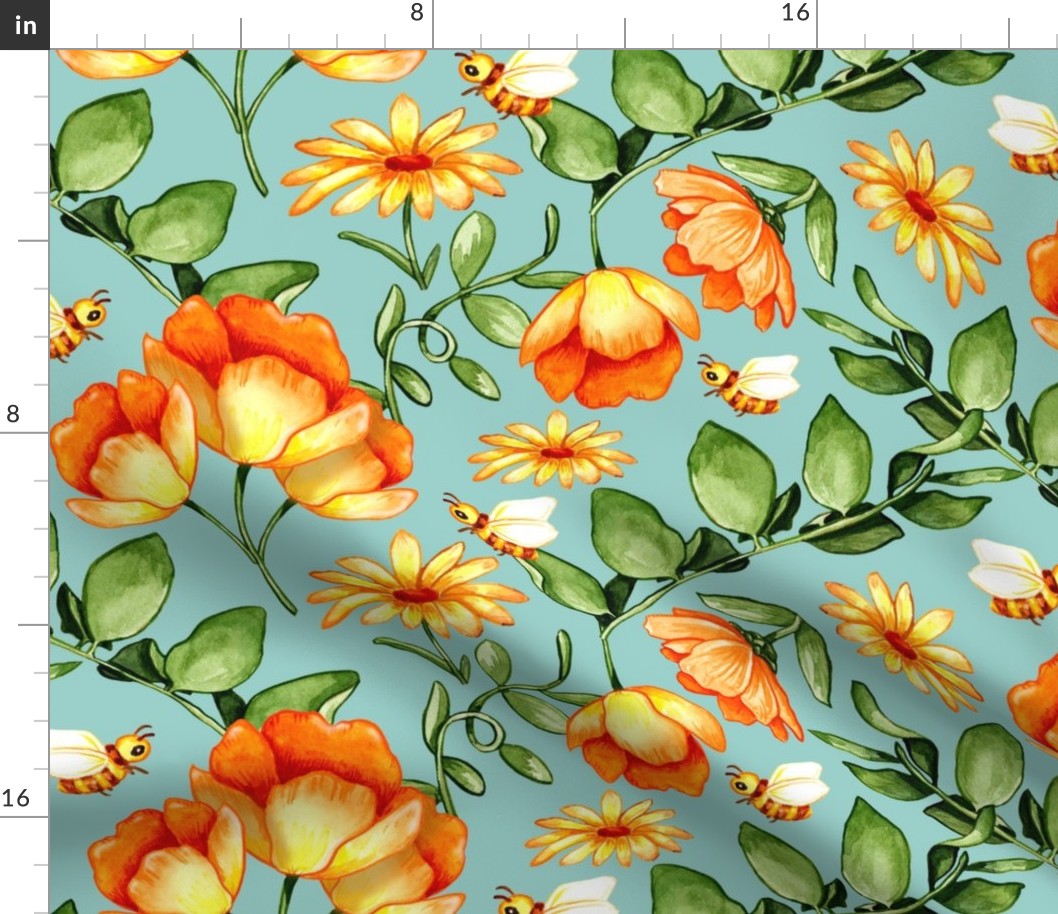Large Print - Orange and Yellow Lush Watercolour Flowers - Blue Background