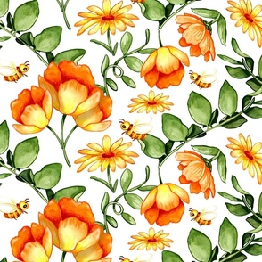 Large fabric print - Orange and Yellow Lush watercolour flowers