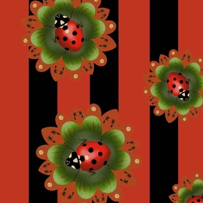 Red ladybug, green and red flower petals with black and red striped background.