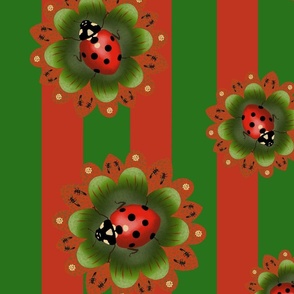 Red ladybug, red & green flowers, on bold red & green stripes.