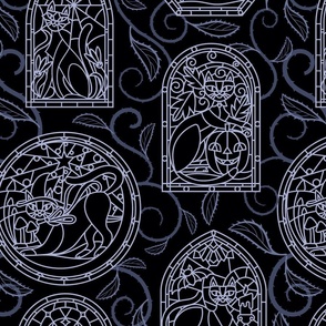 Stained Glass Halloween Cats Windows in Goth Grey (Wallpaper Size)