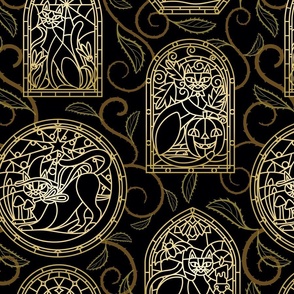 Stained Glass Halloween Cats Windows in Gold (Wallpaper Size)