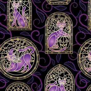 Stained Glass Halloween Cats Windows in Purple (Wallpaper Size)