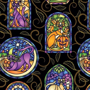 Stained Glass Halloween Cats Windows (Wallpaper Size)