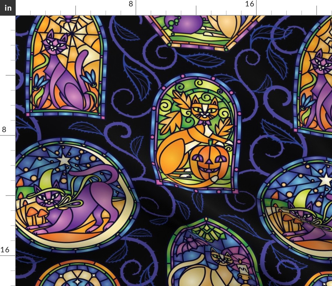 Stained Glass Halloween Cats Windows (Wallpaper Size)