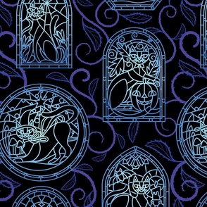 Stained Glass Halloween Cats Windows in Ghostly Blue (Wallpaper Size)