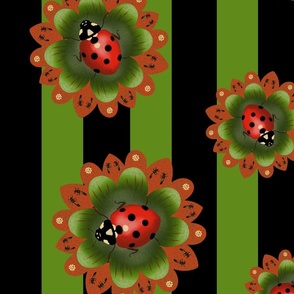 Red ladybugs on green & red flowers with a green & black striped background.
