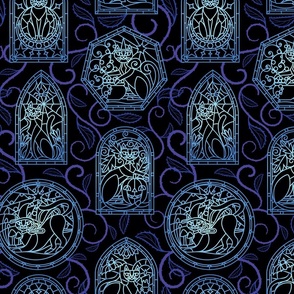 Stained Glass Halloween Cats Windows in Ghostly Blue