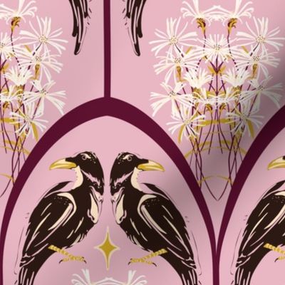 Whimsigothic Crows with Aster Flowers - Black Birds with Burgundy and Lilac