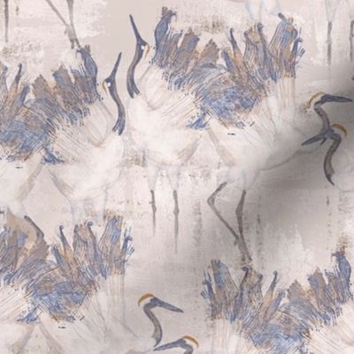 Dancing Cranes, Antiqued Silver Leaf Faux Texture 