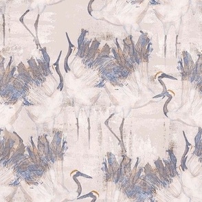 Dancing Cranes, Antiqued Silver Leaf Faux Texture 