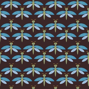 Skyward Bound Blue Dragonflies on a deep dark chocolate brown background. 