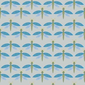 Sky Bound Blue Dragonflies on Pale Blue-Grey Background
