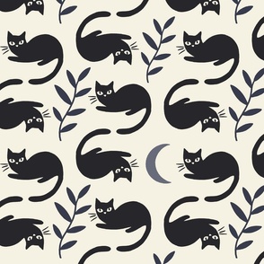[Large] Black cats, leaves and moon - Black on Cream