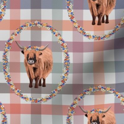 Highland Cow with floral border on Gingham
