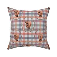 Highland Cow with floral border on Gingham