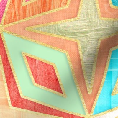 Tangerine and Teal Stars and Diamonds Abstract Geometric Large